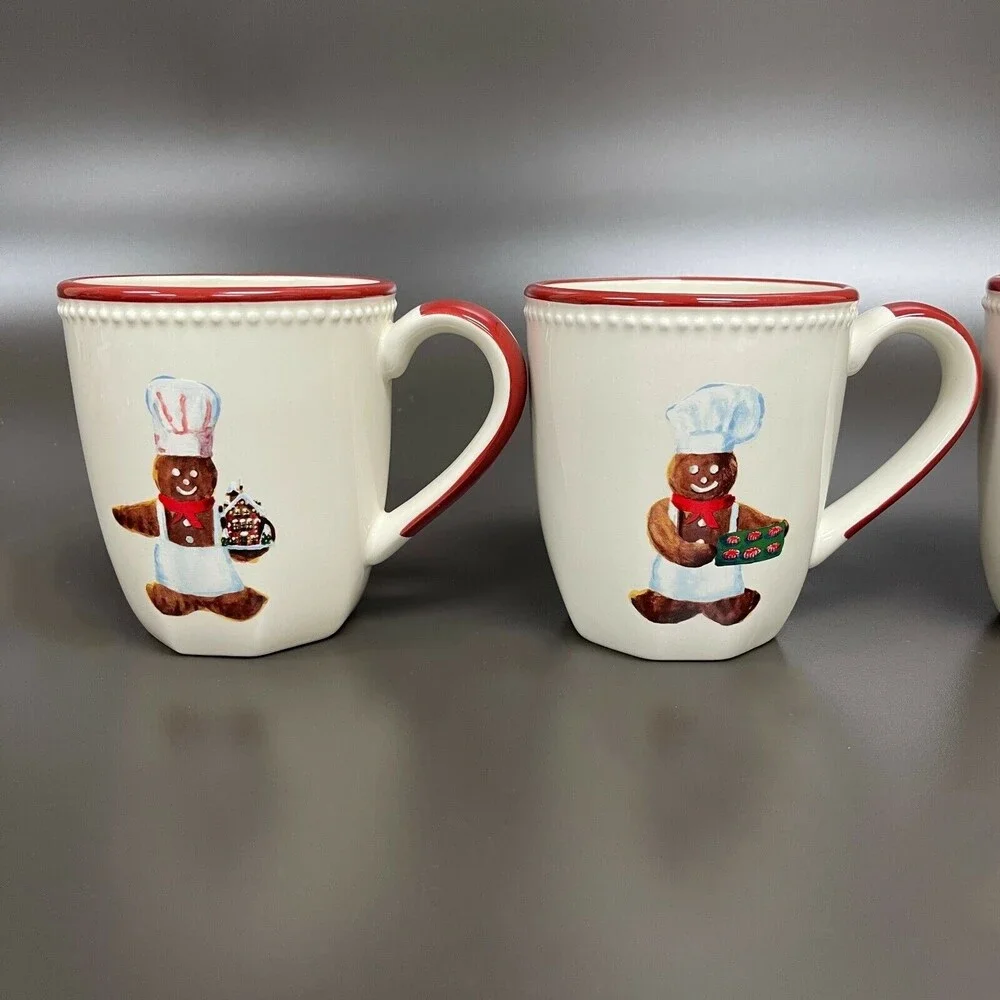 Williams Sonoma Gingerbread Chef Mugs Cups Earthenware Dishwasher Safe Lot of 4